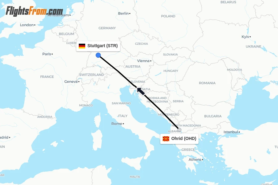 Flights from Ohrid to Stuttgart route map