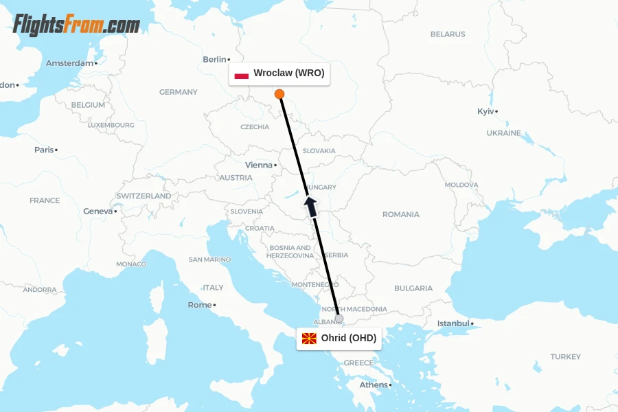 Flights from Ohrid to Wroclaw route map