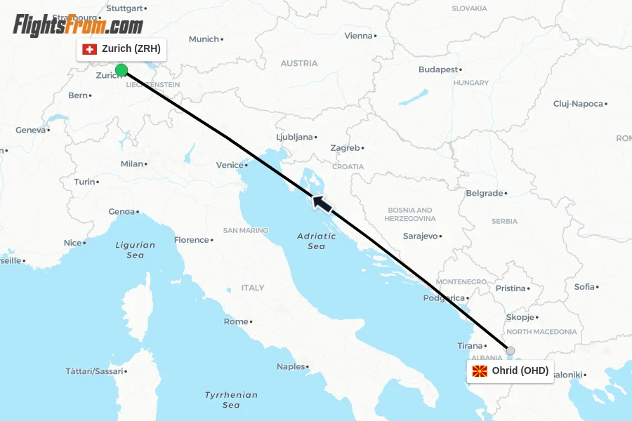 Flights from Ohrid to Zurich route map