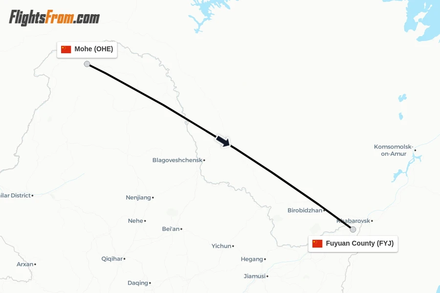 Flights from Mohe to Fuyuan County route map