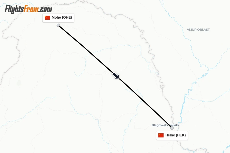 Flights from Mohe to Heihe route map