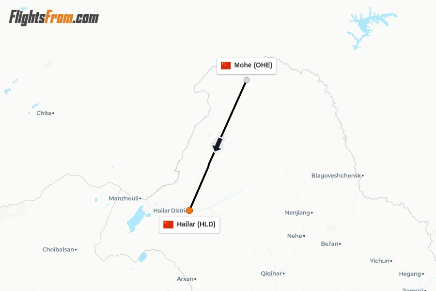 Flights from Mohe to Hailar route map