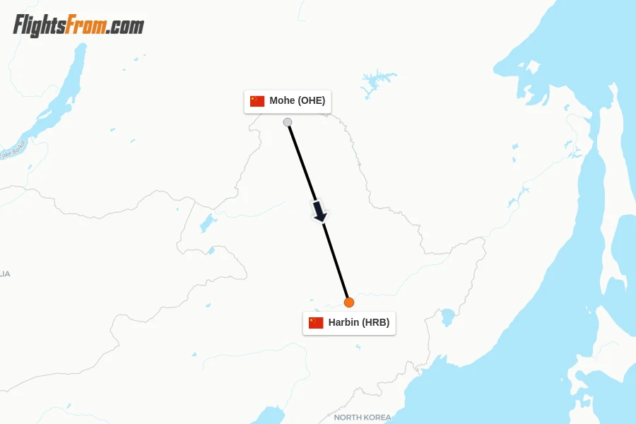 Flights from Mohe to Harbin route map