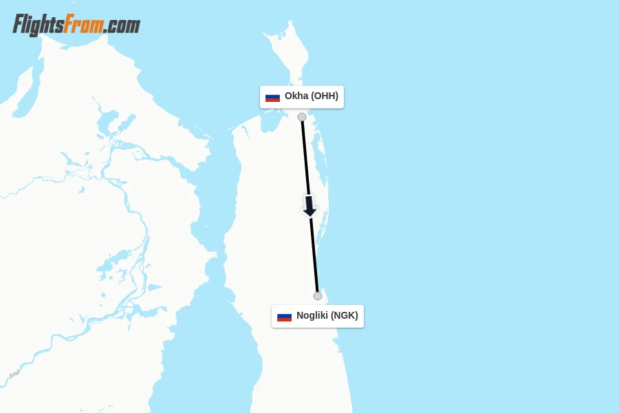 Flights from Okha to Nogliki route map