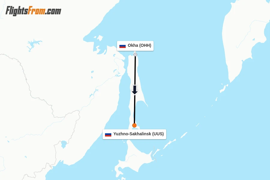Flights from Okha to Yuzhno-Sakhalinsk route map