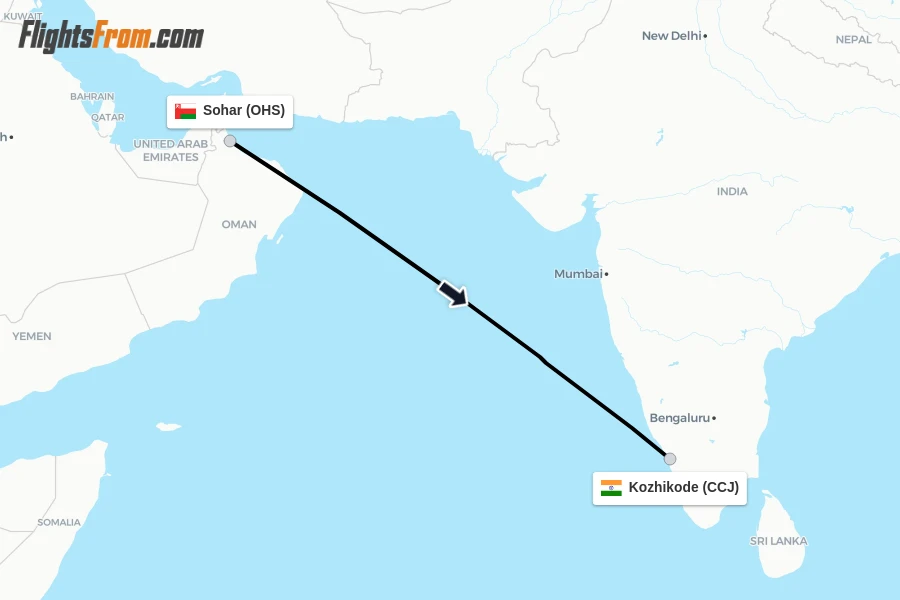 Flights from Sohar to Kozhikode route map