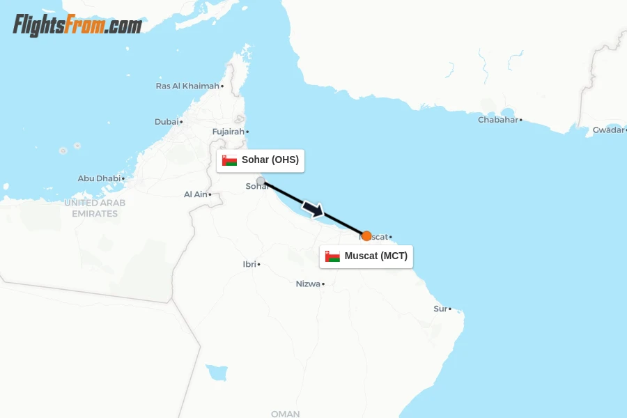 Flights from Sohar to Muscat route map