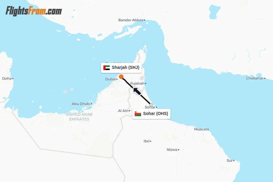 Flights from Sohar to Sharjah route map