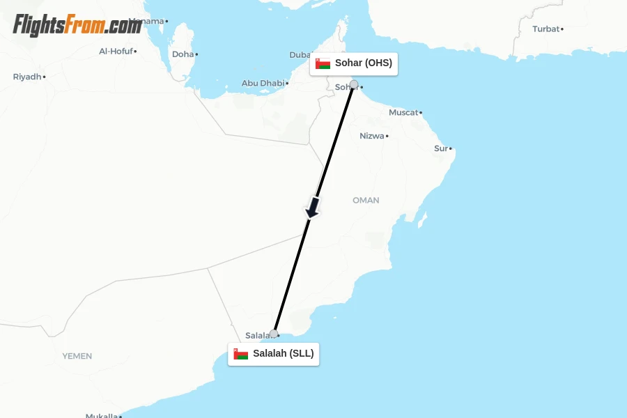Flights from Sohar to Salalah route map