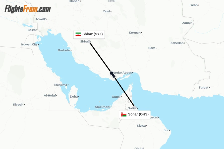 Flights from Sohar to Shiraz route map