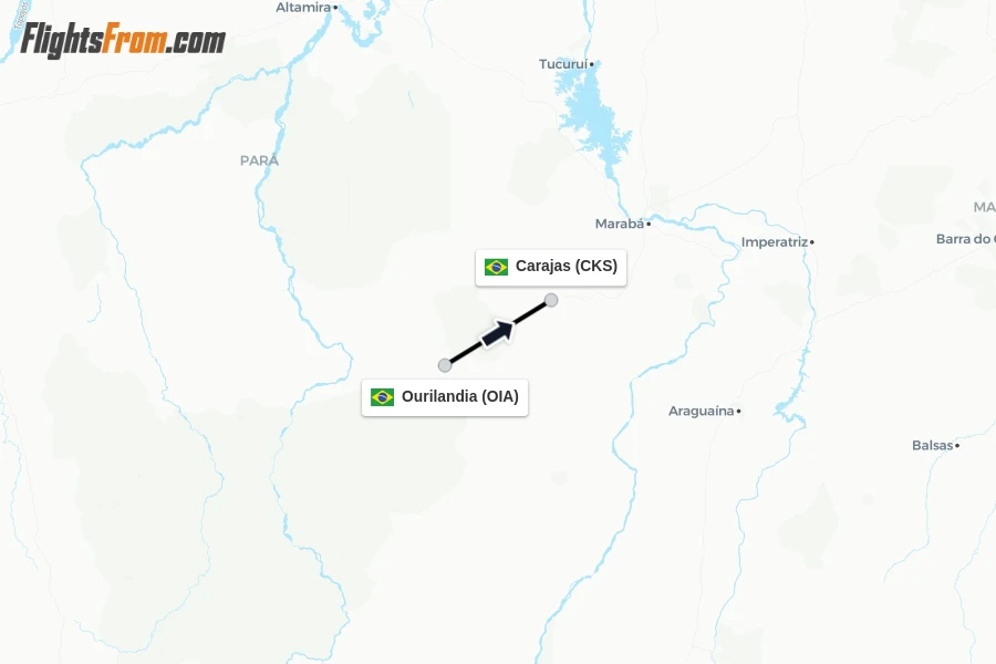 Flights from Ourilandia to Carajas route map