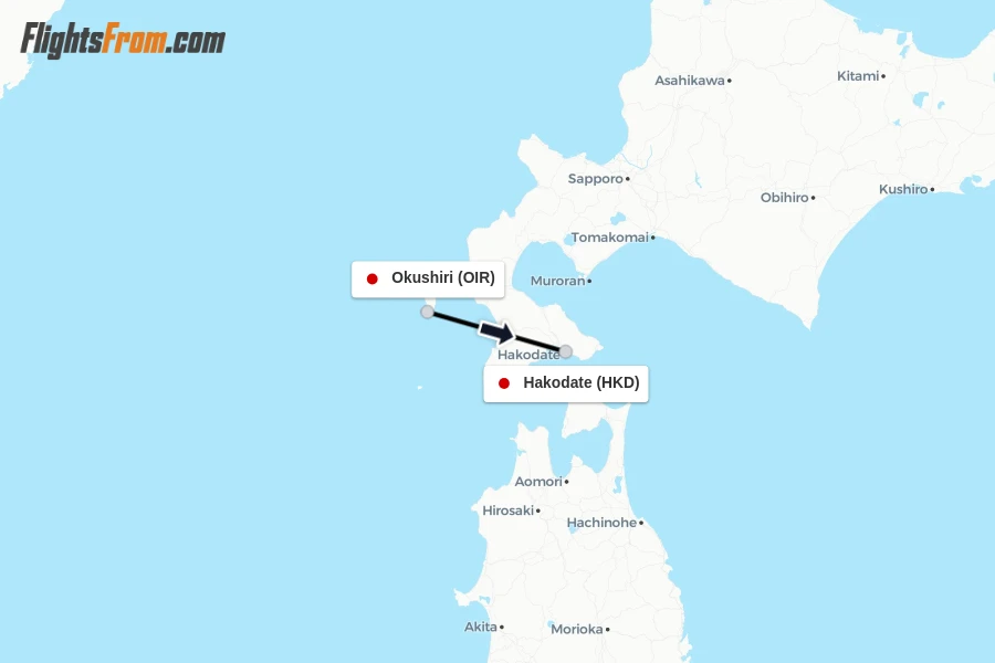 Flights from Okushiri to Hakodate route map