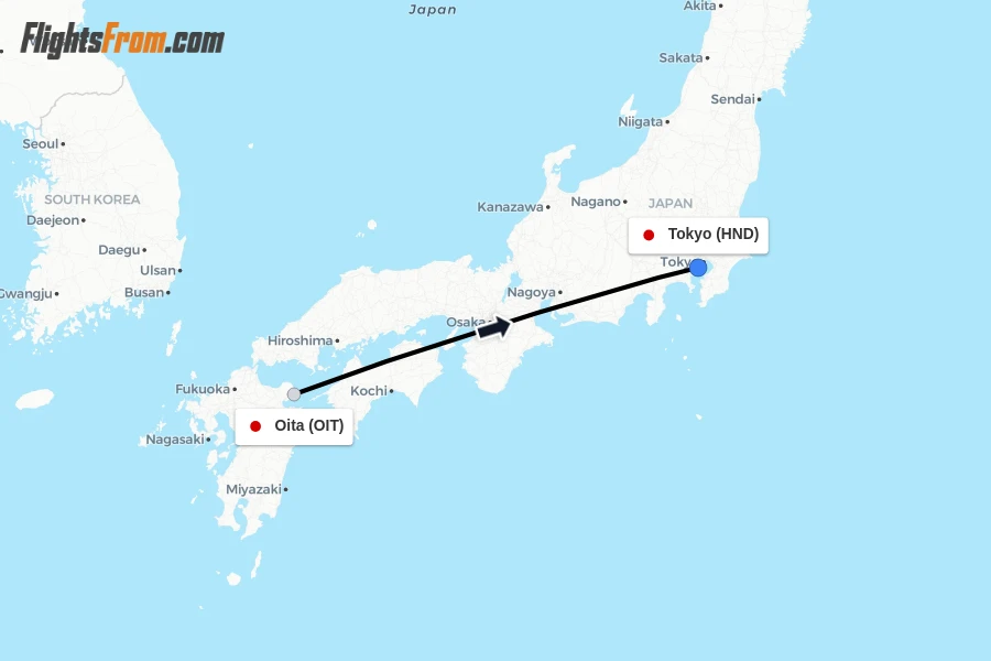 Flights from Oita to Tokyo route map