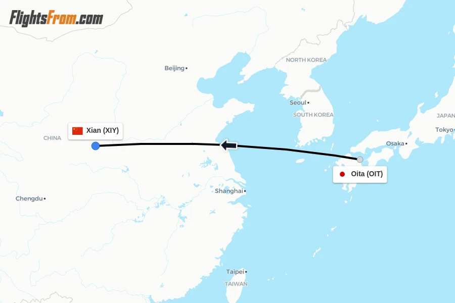 Flights from Oita to Xian route map