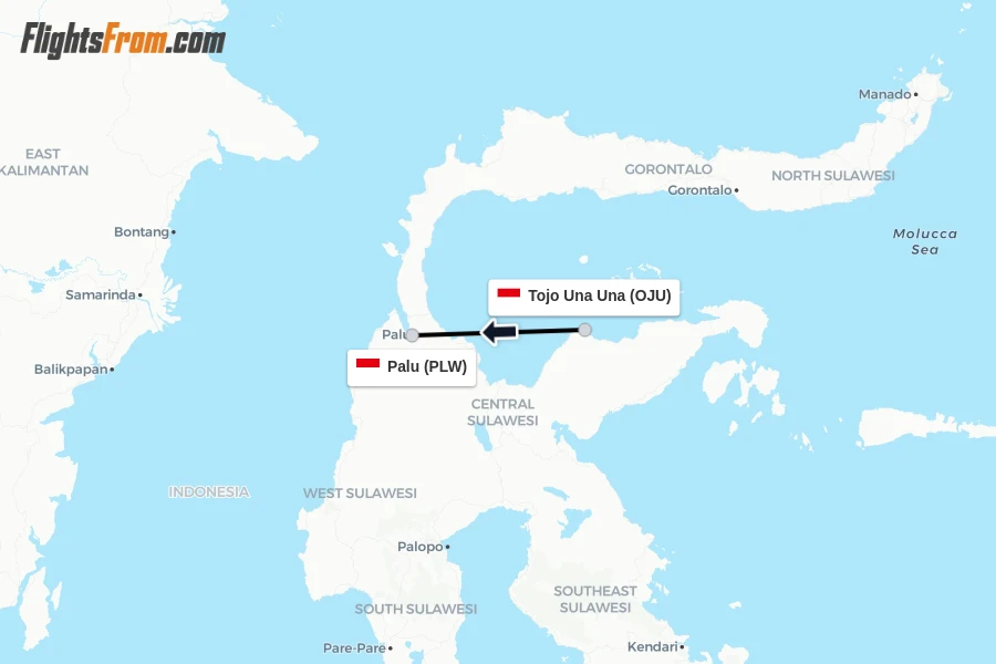 Flights from Tojo Una Una to Palu route map