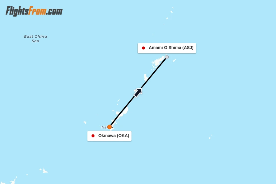 Flights from Okinawa to Amami O Shima route map