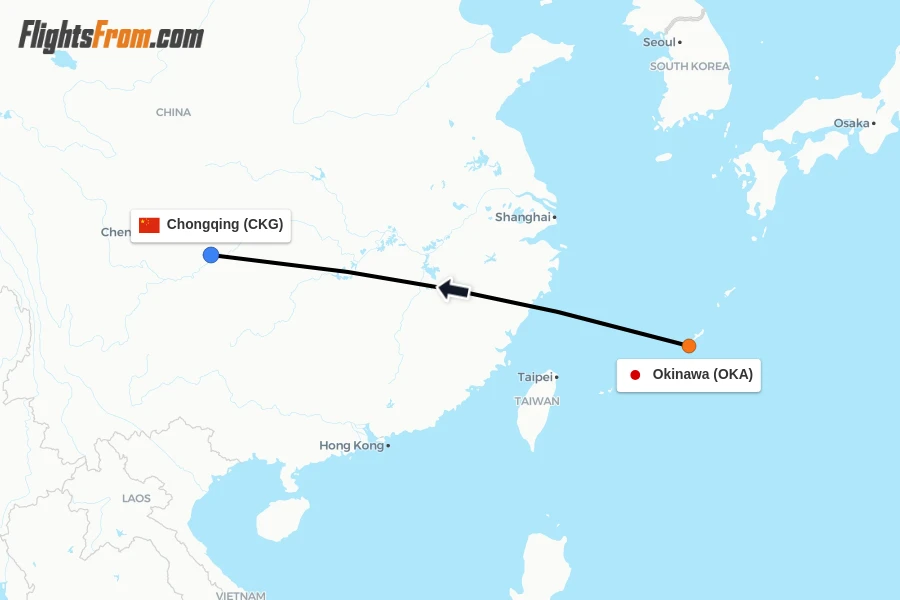 Flights from Okinawa to Chongqing route map