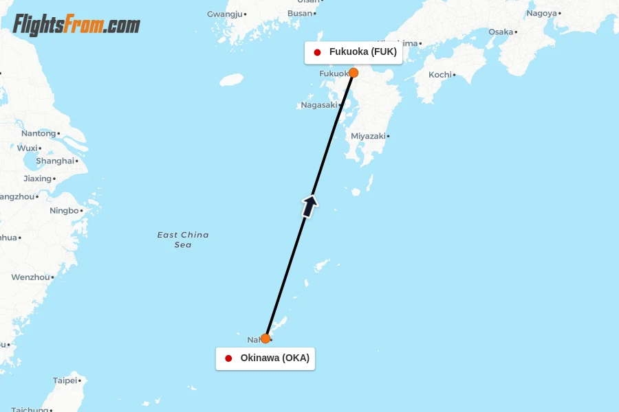 Flights from Okinawa to Fukuoka route map