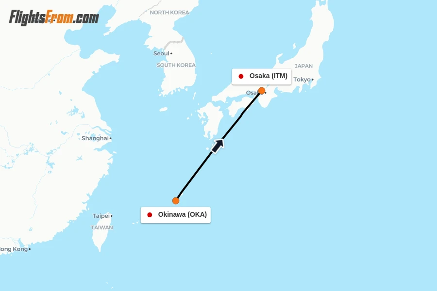 Flights from Okinawa to Osaka route map