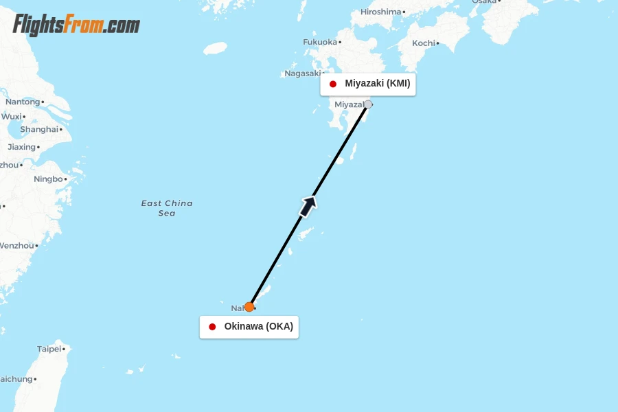 Flights from Okinawa to Miyazaki route map