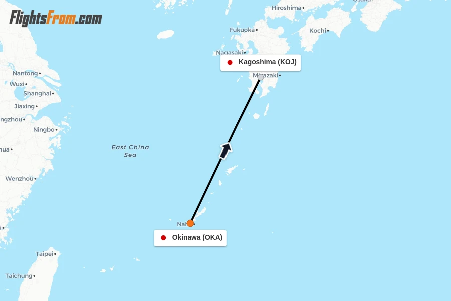 Flights from Okinawa to Kagoshima route map