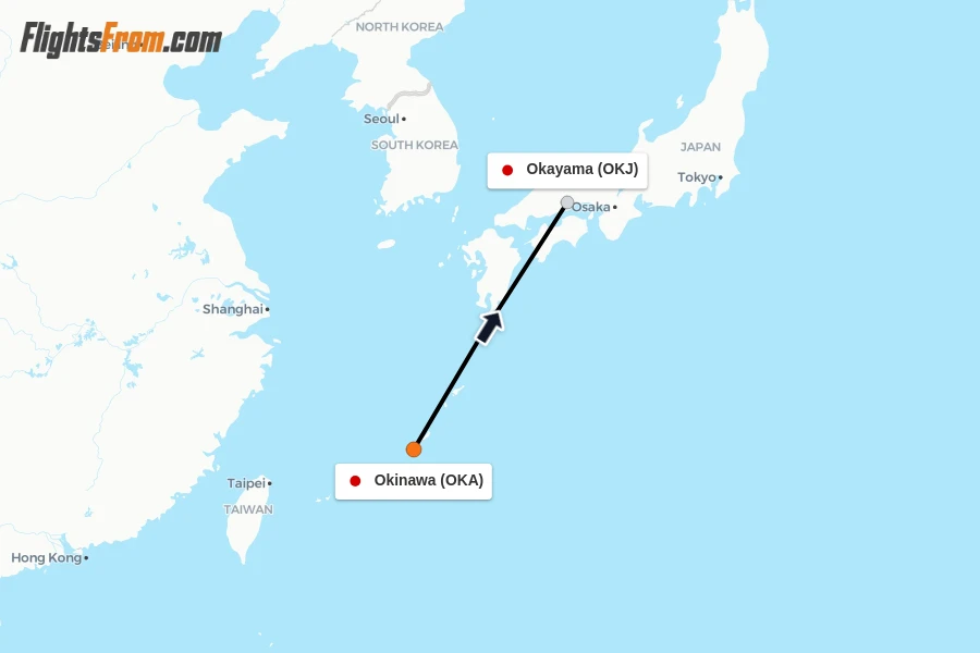 Flights from Okinawa to Okayama route map