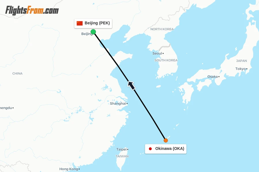 Flights from Okinawa to Beijing route map