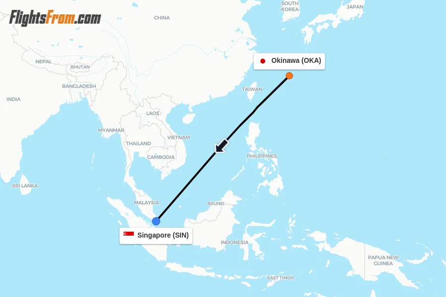 Flights from Okinawa to Singapore route map