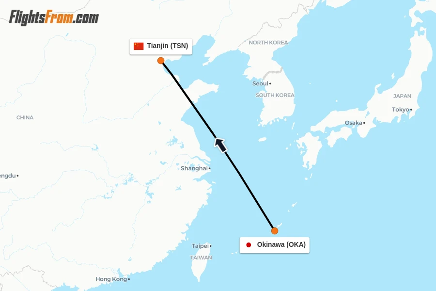 Flights from Okinawa to Tianjin route map