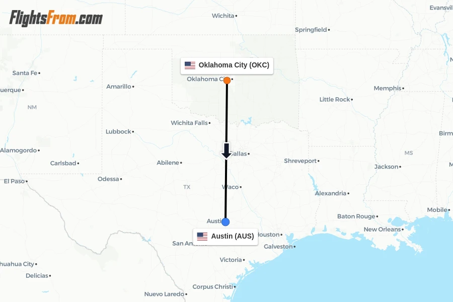 Flights from Oklahoma City to Austin route map