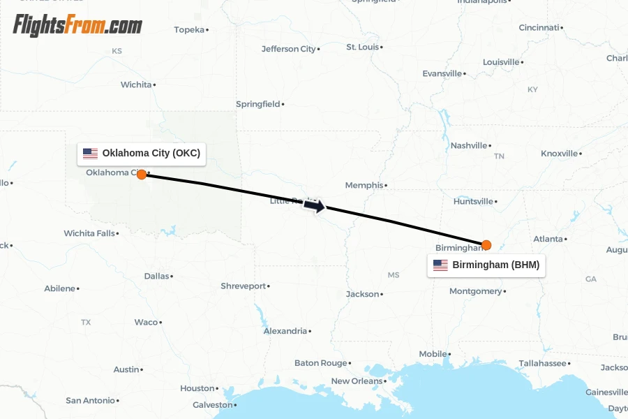 Flights from Oklahoma City to Birmingham route map