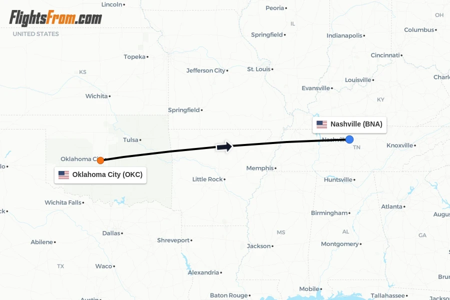 Flights from Oklahoma City to Nashville route map