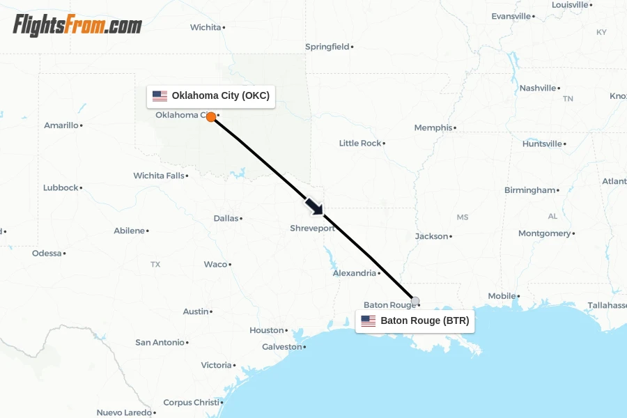 Flights from Oklahoma City to Baton Rouge route map