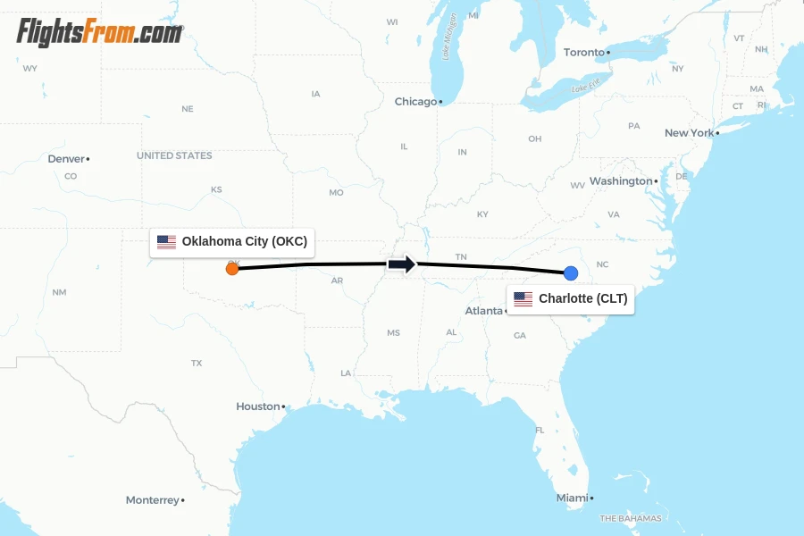 Flights from Oklahoma City to Charlotte route map