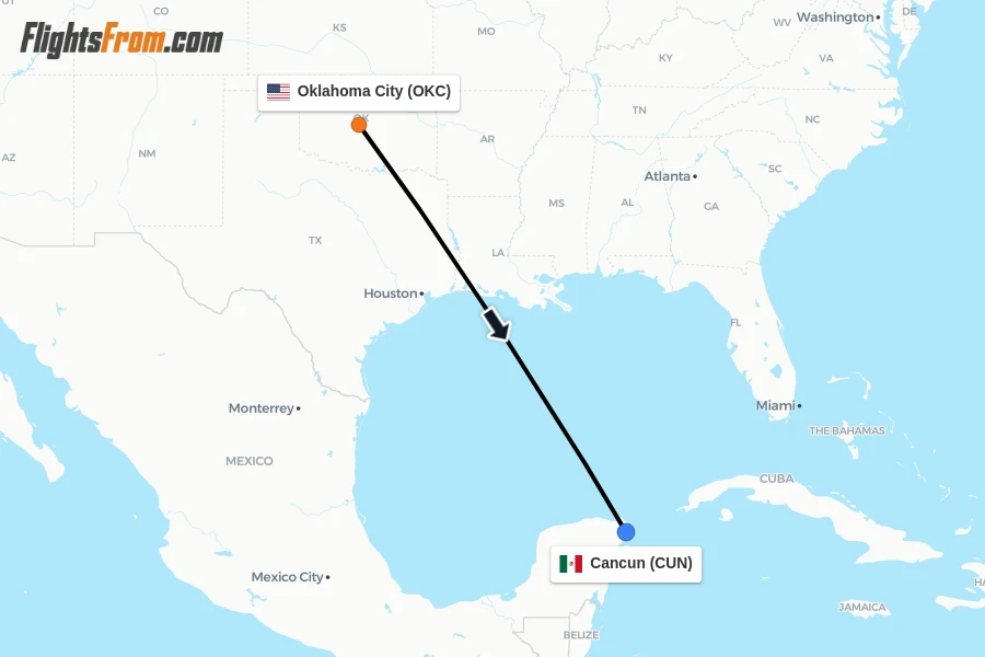 Flights from Oklahoma City to Cancun route map