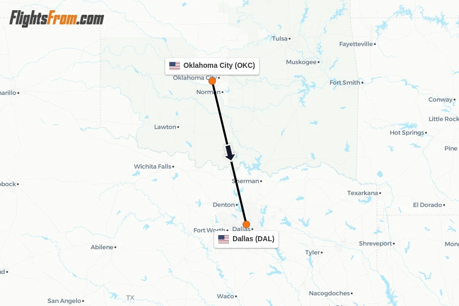 Flights from Oklahoma City to Dallas route map
