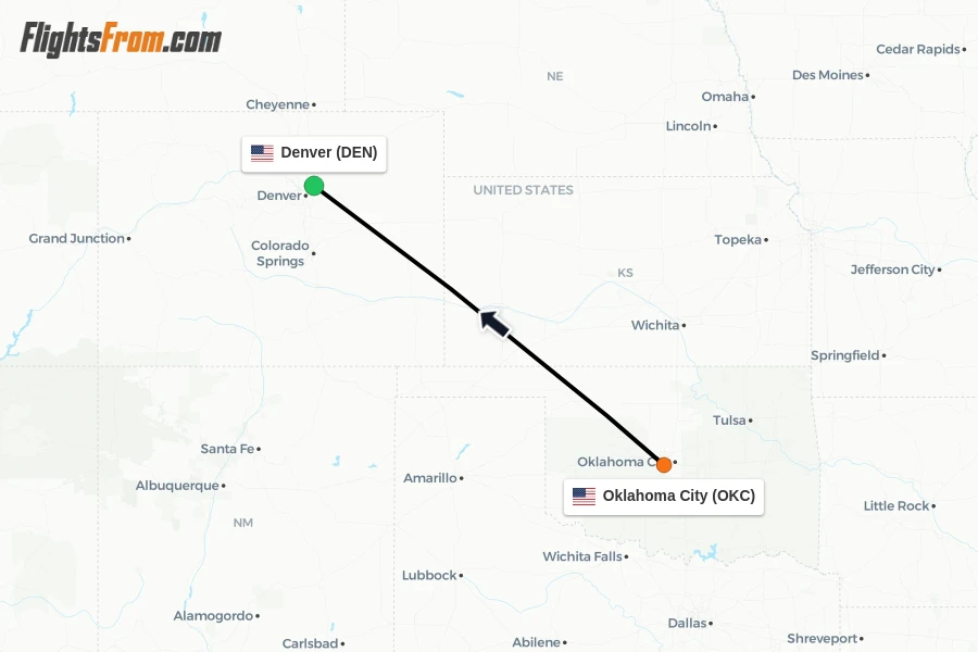 Flights from Oklahoma City to Denver route map