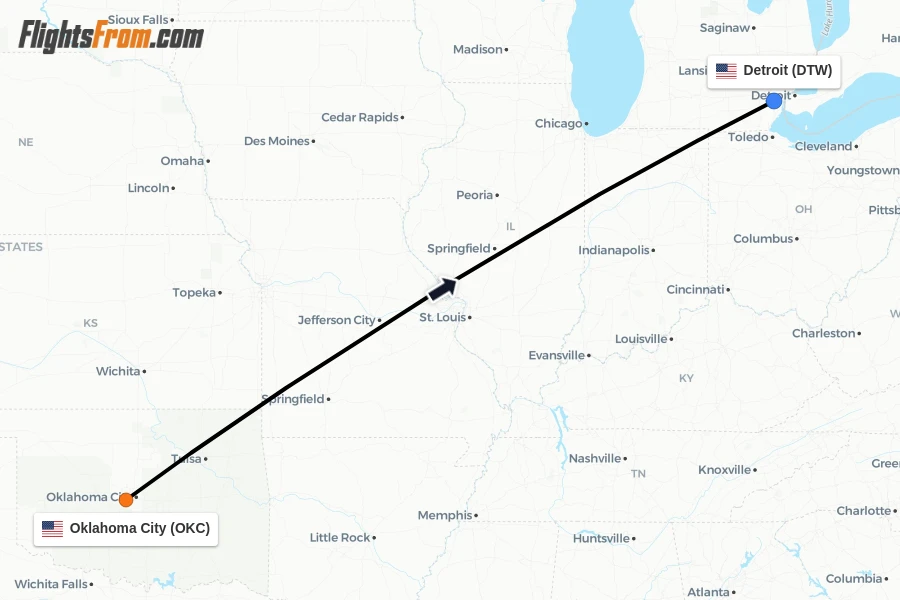 Flights from Oklahoma City to Detroit route map