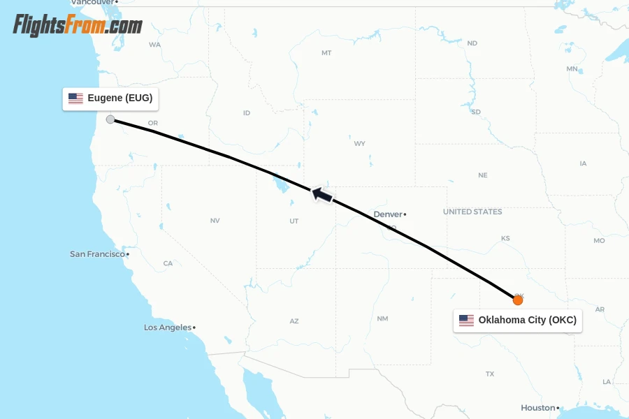 Flights from Oklahoma City to Eugene route map