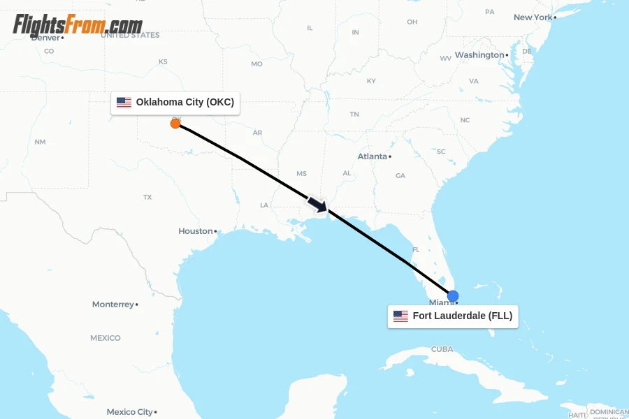 Flights from Oklahoma City to Fort Lauderdale route map