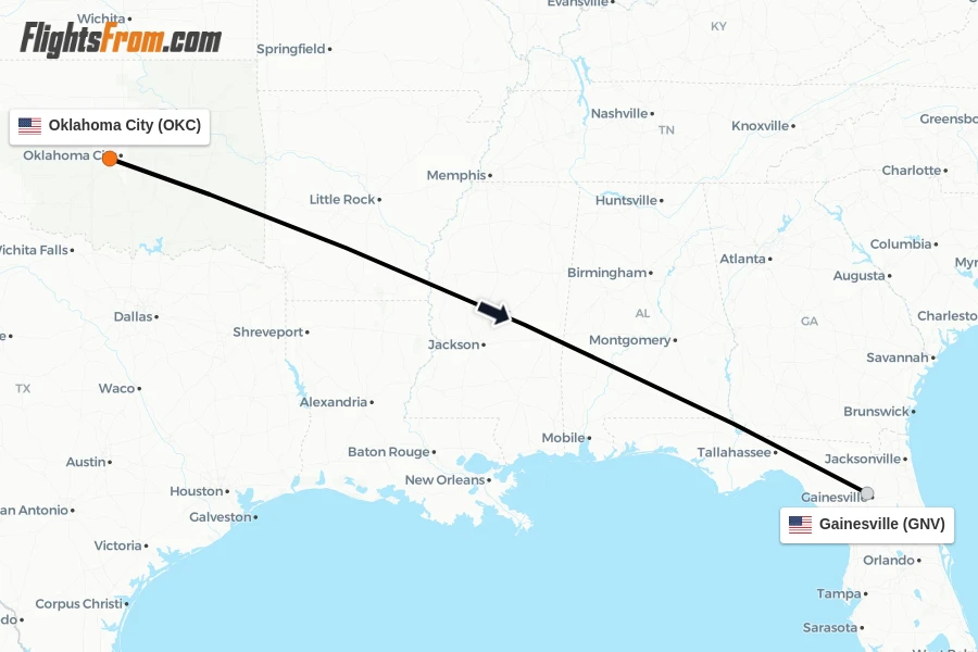 Flights from Oklahoma City to Gainesville route map