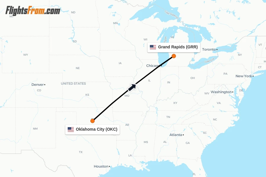 Flights from Oklahoma City to Grand Rapids route map