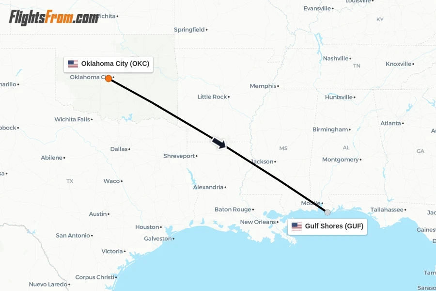 Flights from Oklahoma City to Gulf Shores route map