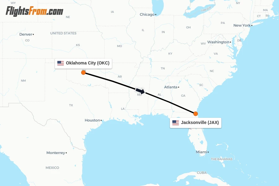 Flights from Oklahoma City to Jacksonville route map