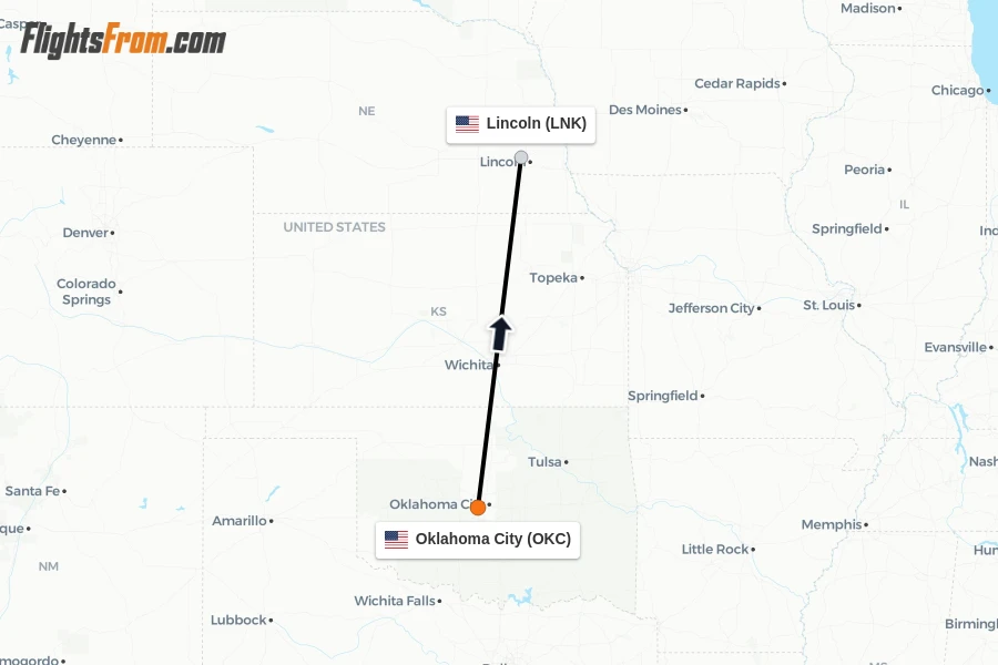 Flights from Oklahoma City to Lincoln route map