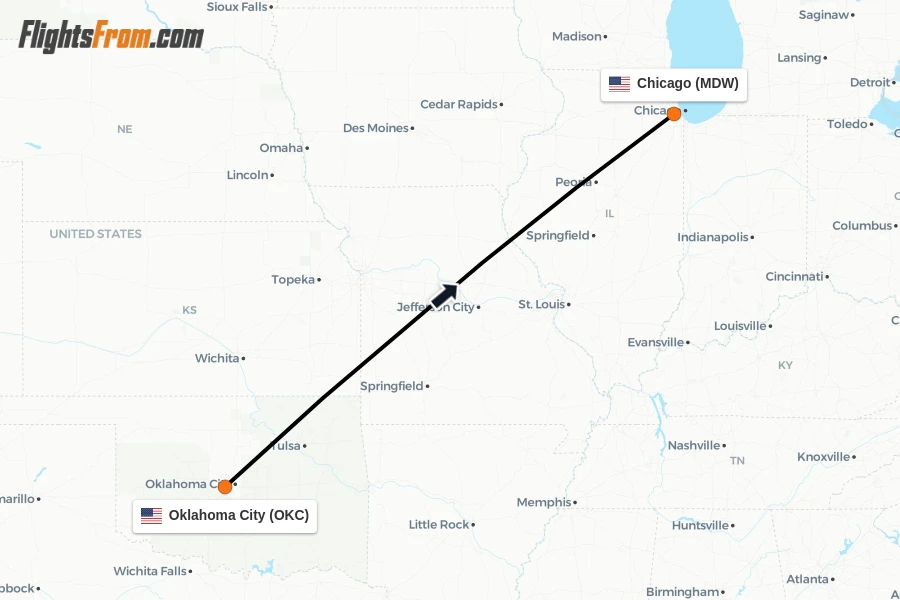 Flights from Oklahoma City to Chicago route map