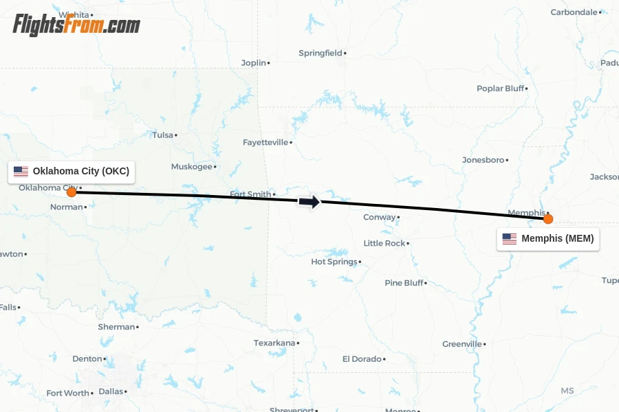 Flights from Oklahoma City to Memphis route map