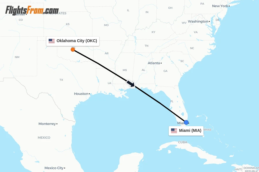 Flights from Oklahoma City to Miami route map
