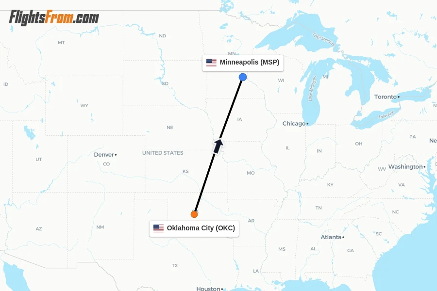 Flights from Oklahoma City to Minneapolis route map