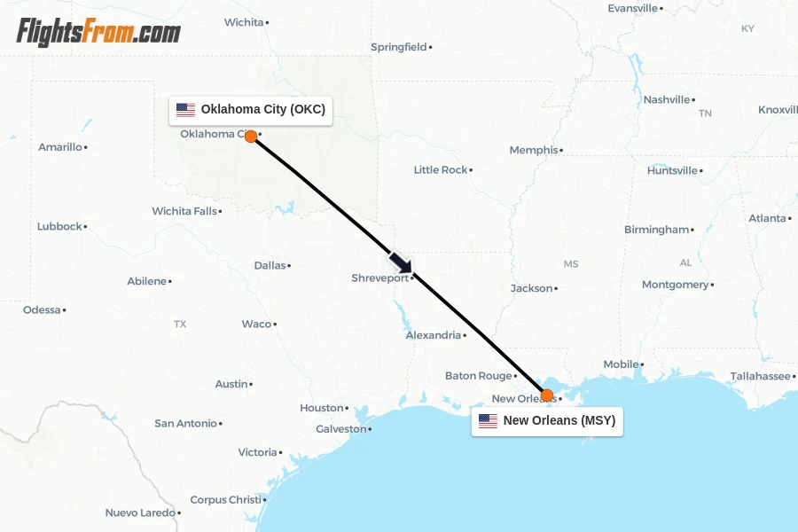 Flights from Oklahoma City to New Orleans route map